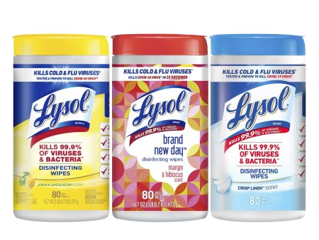 Lysol Disinfectant Wipes Bundle, Multi-Surface Antibacterial Cleaning Wipes, For Disinfecting & Cleaning, contains x1 Lemon & Lime Blossom (80ct) x1 Crisp Linen (80ct) & x1 Mango & Hibiscus (80ct) on Sale