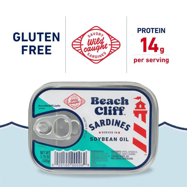 (Pack of 3) Beach Cliff Sardines in Soybean Oil, 3-3.75 oz Cans, Shelf Stable Canned Wild Caught Sardine, High in Protein Online Sale