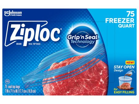 Ziploc® Brand Freezer Bags with New Stay Open Design, Quart, 75, Patented Stand-up Bottom, Easy to Fill Freezer Bag, Unloc a Free Set of Hands in the Kitchen, Microwave Safe, BPA Free on Sale