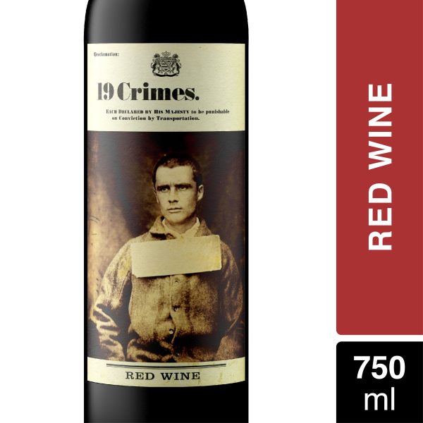 19 Crimes Red Wine, Australia, 14% ABV, 750ml Glass Bottle, 5-150ml Servings For Discount